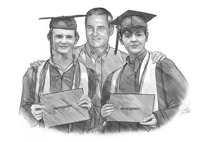 Portrait of a dad with his kids in graduation outfits, hand drawn pencil art