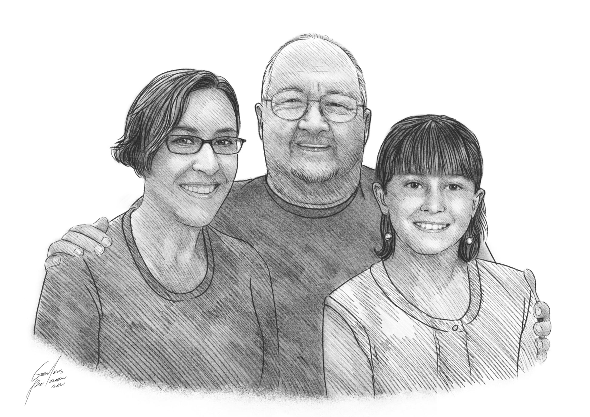 Pencil art of a family of three, including one teen, realistic portrait in sketch style..