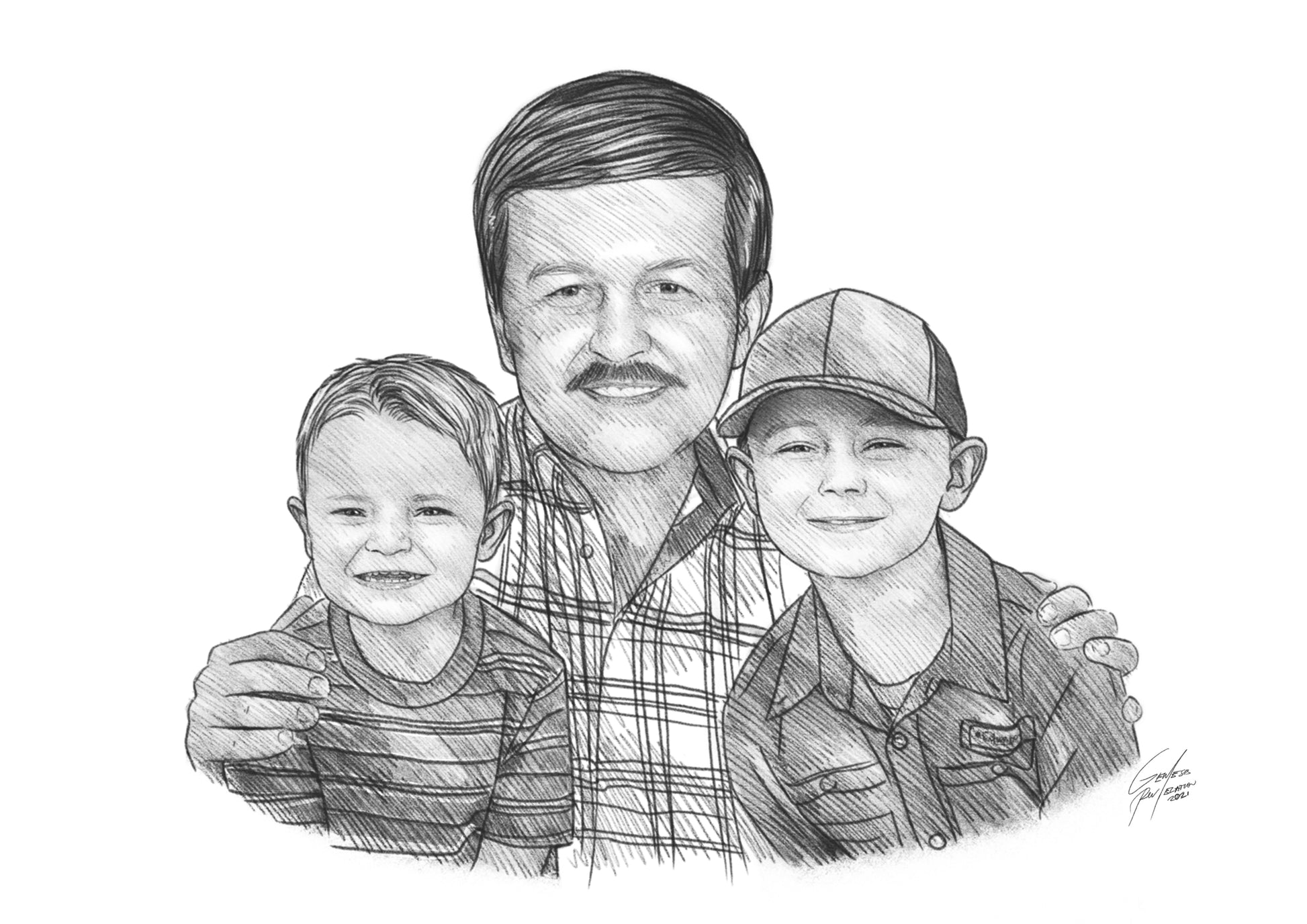 Portrait drawing of family of a dad with his two kids, drawn with pencil.