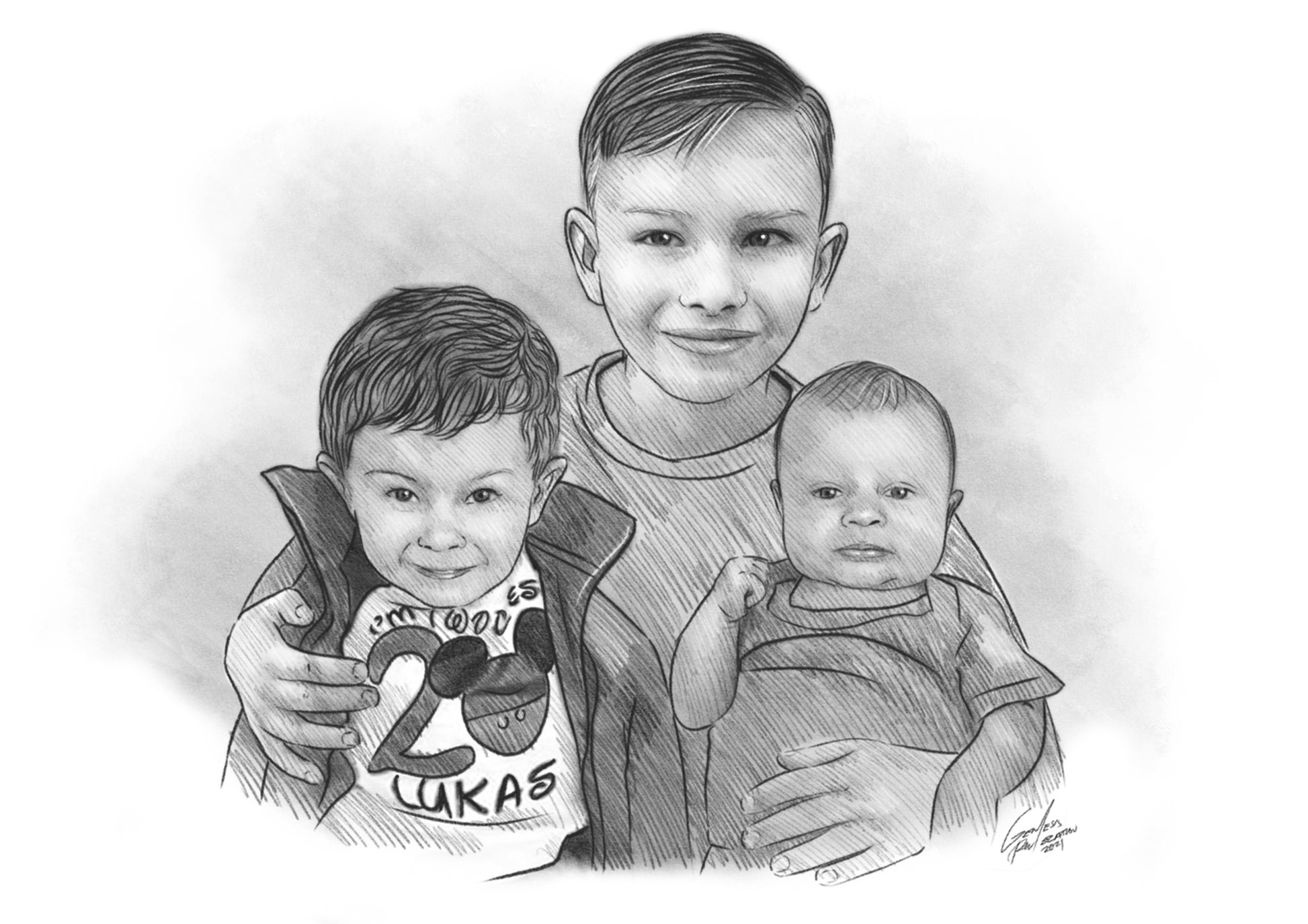 Pencil sketch of three kids including one baby, hatching art.