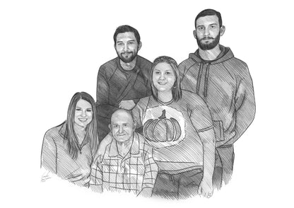 Pencil drawing of a family of five adults