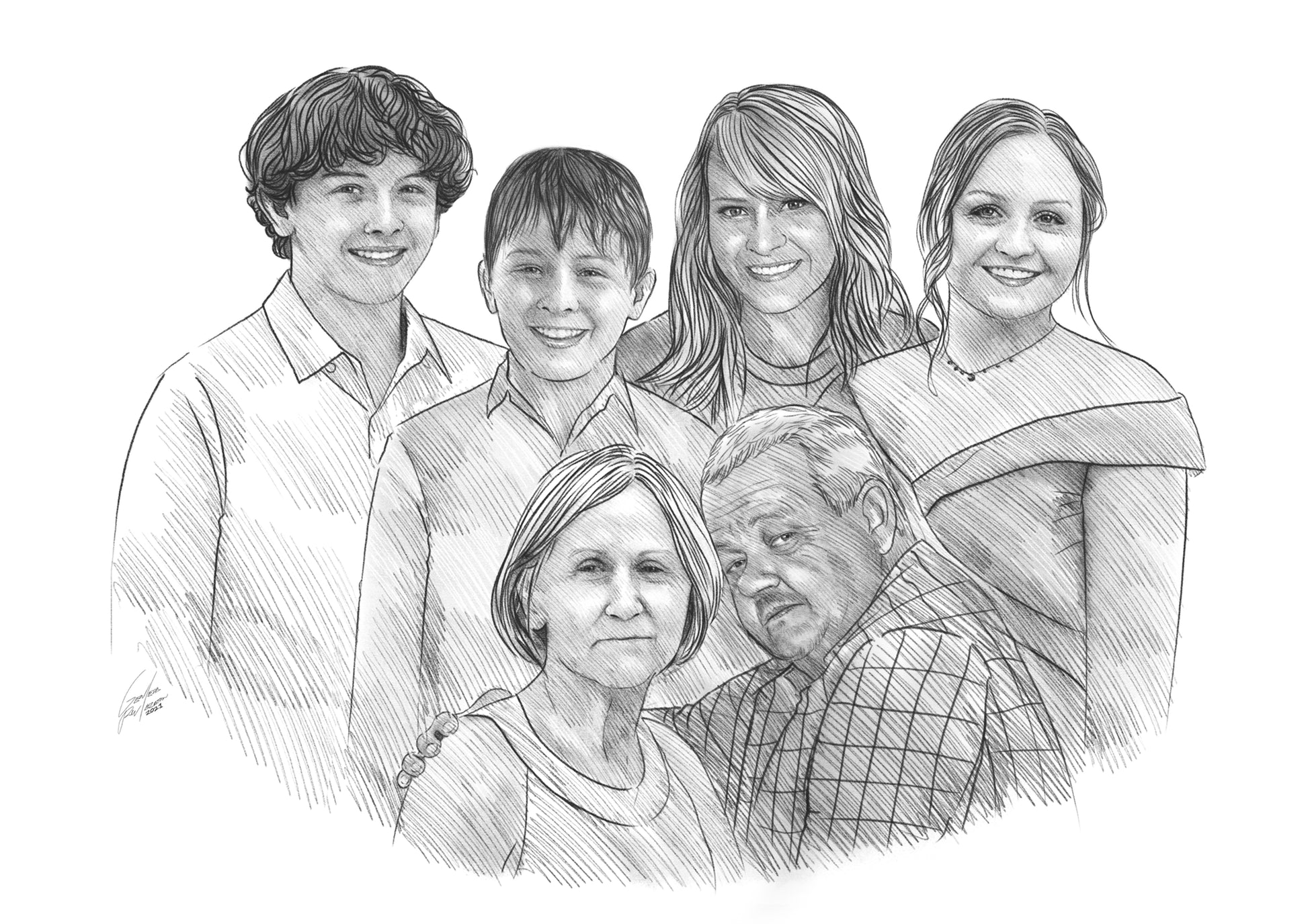 Realistic drawing of a family of six adults, black and white portrait sketch using pencil.