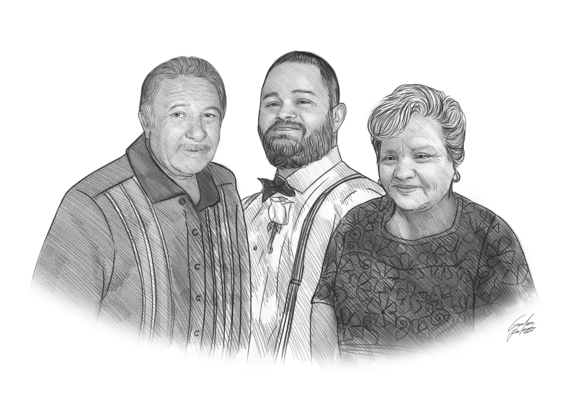 Pencil drawing of three adults, realistic portrait