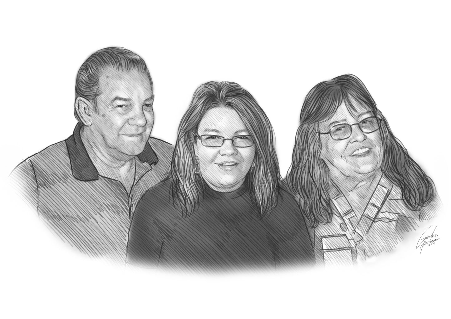 Realistic black and white pencil drawing of three adults, hand drawn family portrait sketch