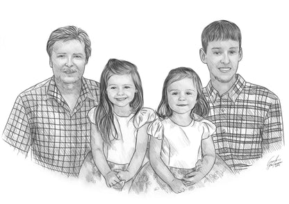 Realistic grayscale family portrait of four, including two kids, a teen, and a dad, hand drawn using pencil.