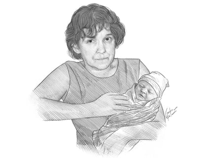 Pencil sketch of a woman holding a baby, hand drawn.