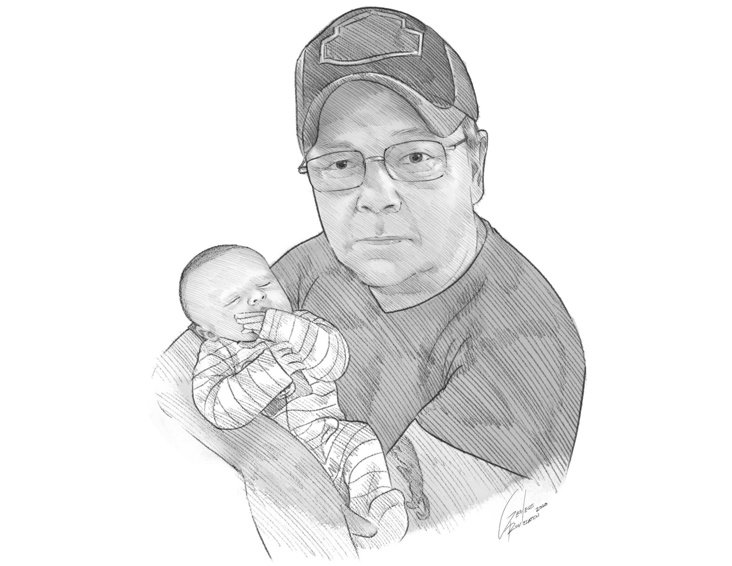 pencil portrait of a man holding a baby