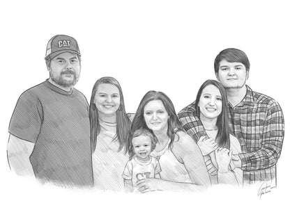 Family portrait of six, including five adults and one kid. Hand drawn using pencil sketch.