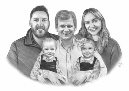 Black and white shading portrait of a family of 5