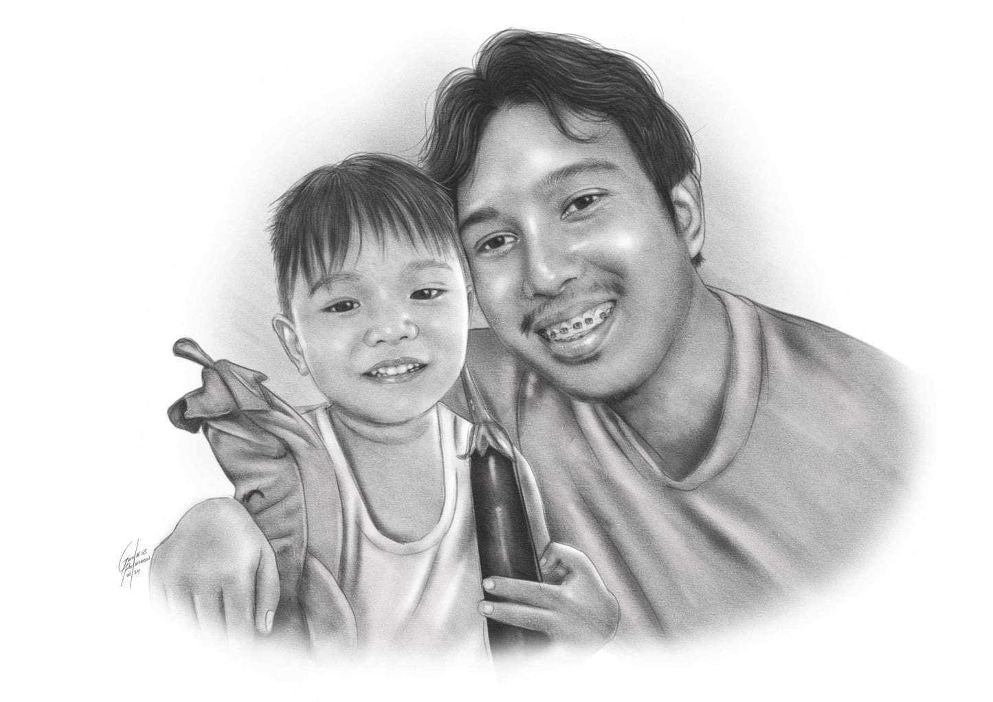 Black and white shading portrait of a parent and child smiling together