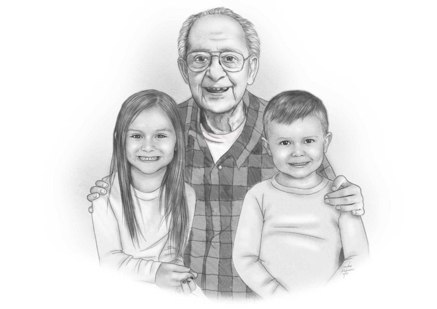 Black and white shading portrait of a grandfather with kids