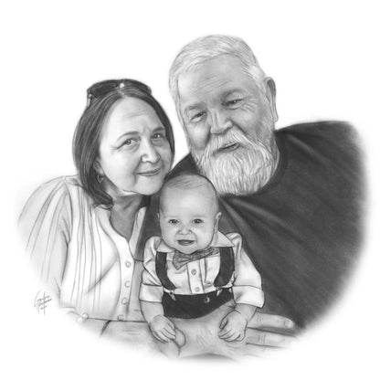 Black and white shading portrait of a family with a baby