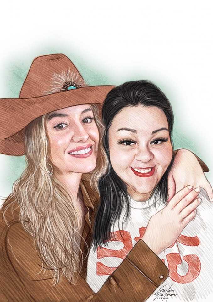 Colored pencil portrait of two women selfie