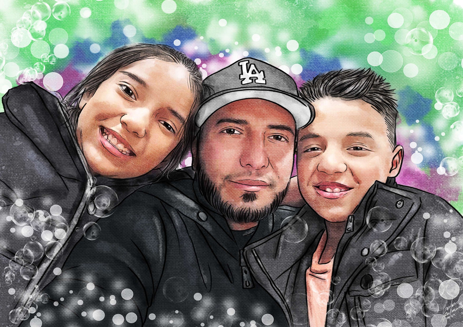 Family watercolor portrait of a man and kids