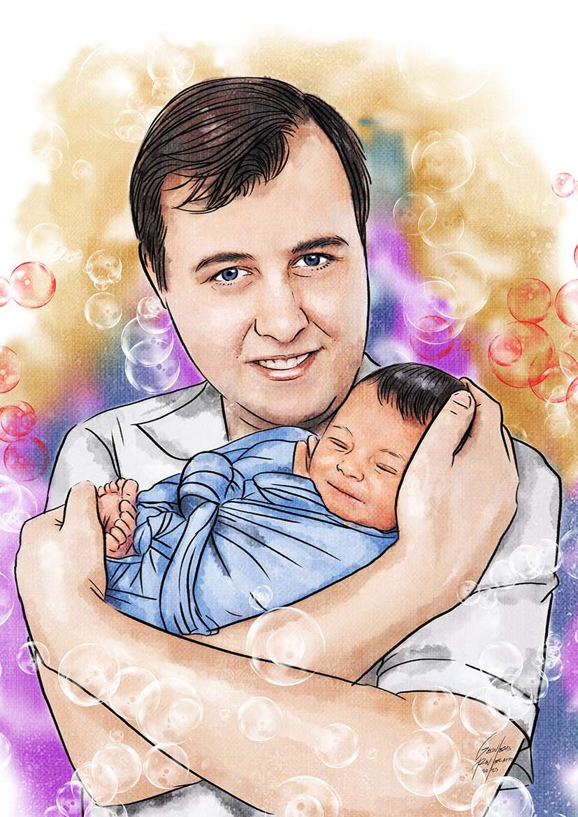 Watercolor portrait of a man and baby