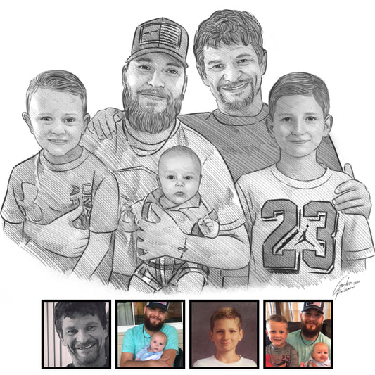 Realistic family drawing of five, including two kids, a baby, and two adults. Art combined from separate photos. Hand drawn in pencil.