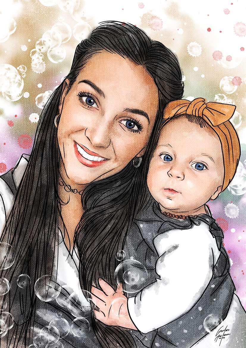 Watercolor portrait of a woman and a baby