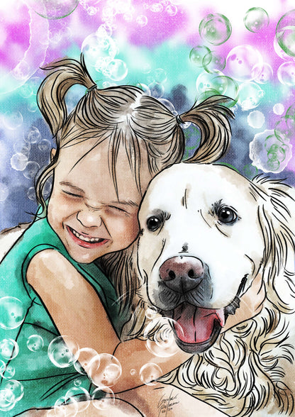 Watercolor portrait of a dog and kid